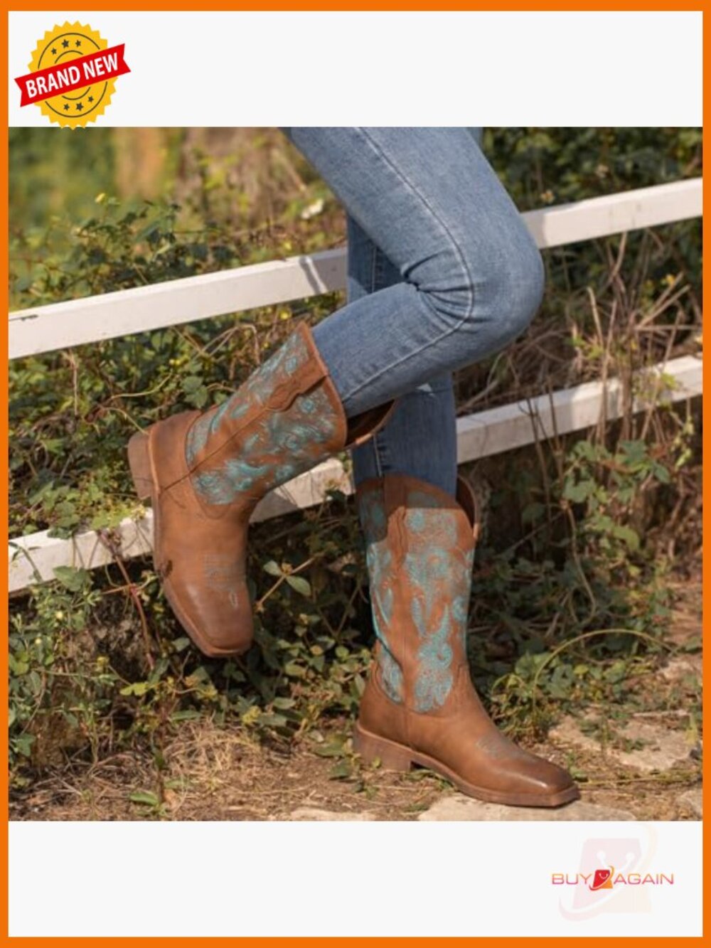 Women's Square Toe Western Boots with Flower Embroidery - Picture 2 of 7